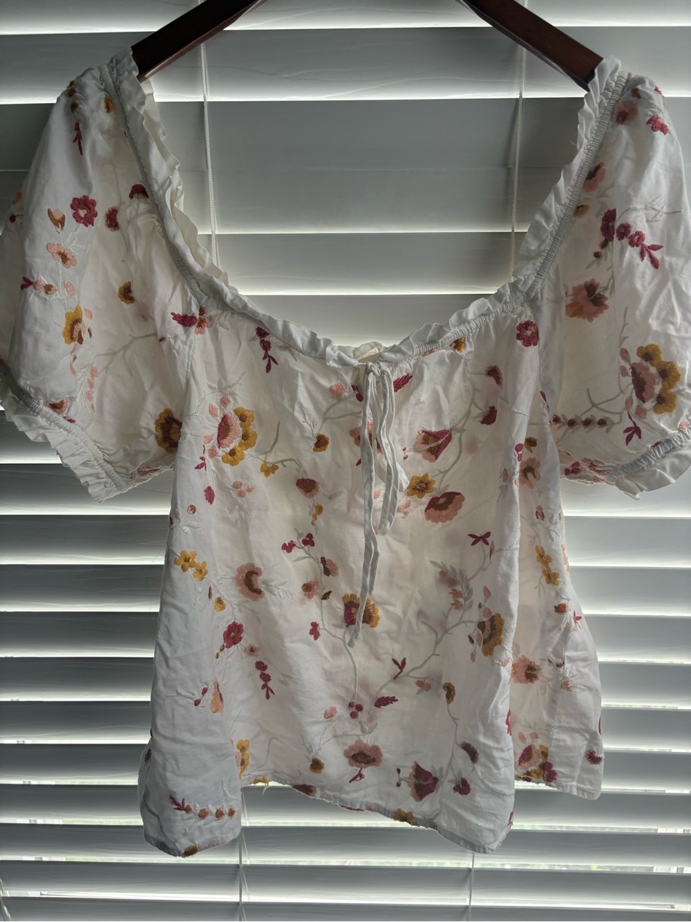 Sezane White Peasant Blouse with Pink & Mustard Floral Embroidery